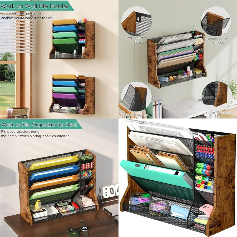 منظم ملفات مكتب الحائط 5 طبقات منظم ملفات معلق من خشب الحديد مع صينية على شكل حرف R للاستخدام المكتبي والمنزلي 4 ميزات قابلة للسحب #1
