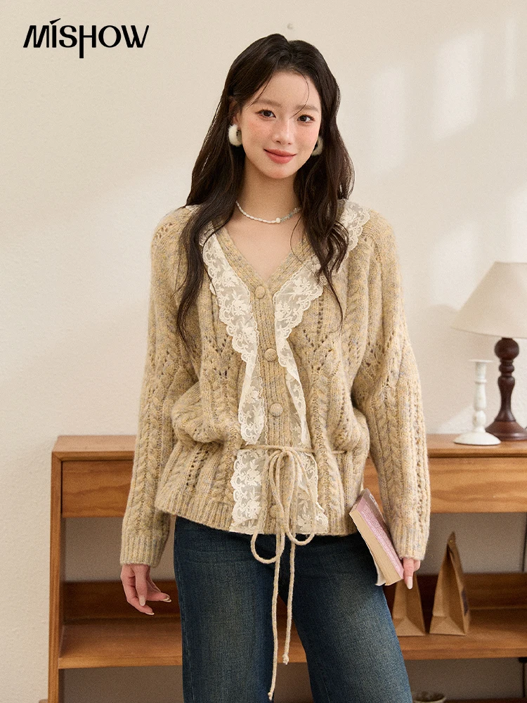 

MISHOW Retro V-neck Cardigan Women 2025 Winter Lace Lace-up Design Knitted Sweater Loose Commute Warm Woman Clothes MXE89Z2670