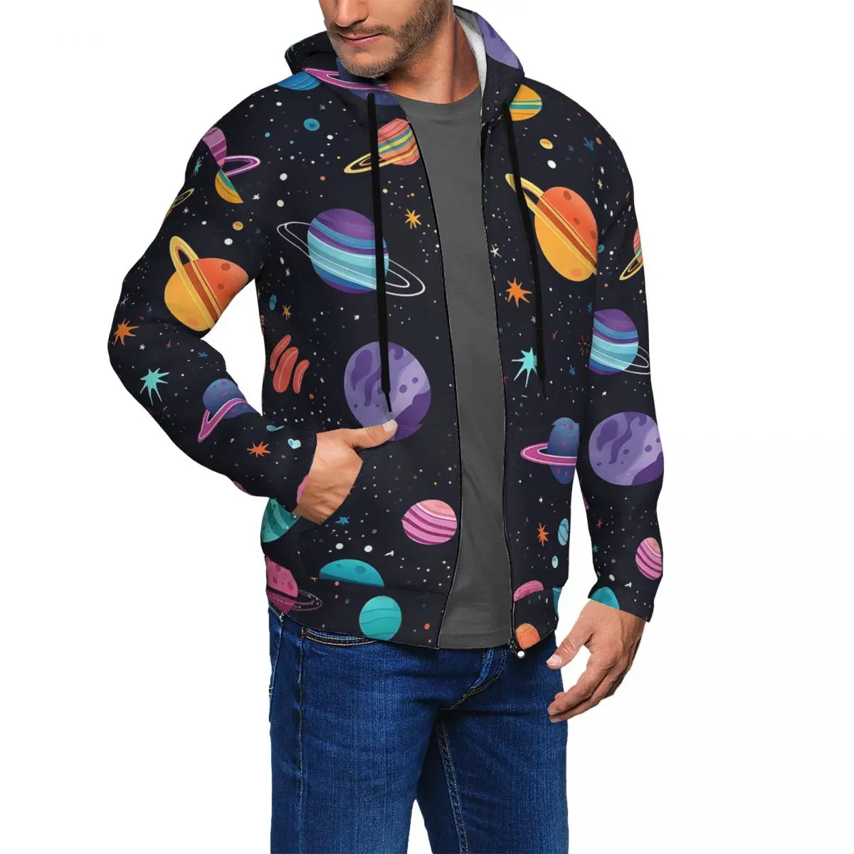Solar System Space Planets Universe Zipper Hoodies Harajuku Pullover Autumn Winter Men Women Sweatshirt Long Sleeve Tops