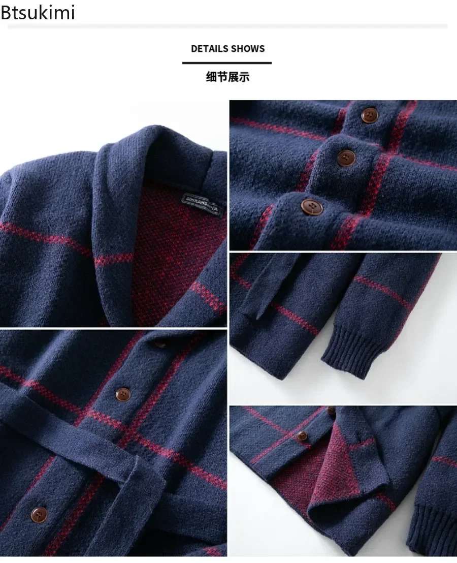 Men Sweaters Vintage Striped Thicken Knitted Buttons Lace-up Cardigan Sweaters Fashion Jacquard Mid-length Sweater Coats for Men