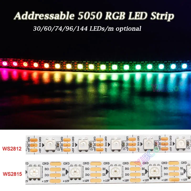 Tira de luces LED RGB 5050 direccionable WS2812B WS2815 de 1 ~ 5m, 30/60/74/96/144 píxeles/m, 5V, 12V, WS2811 IC, cinta de luces de Color mágico