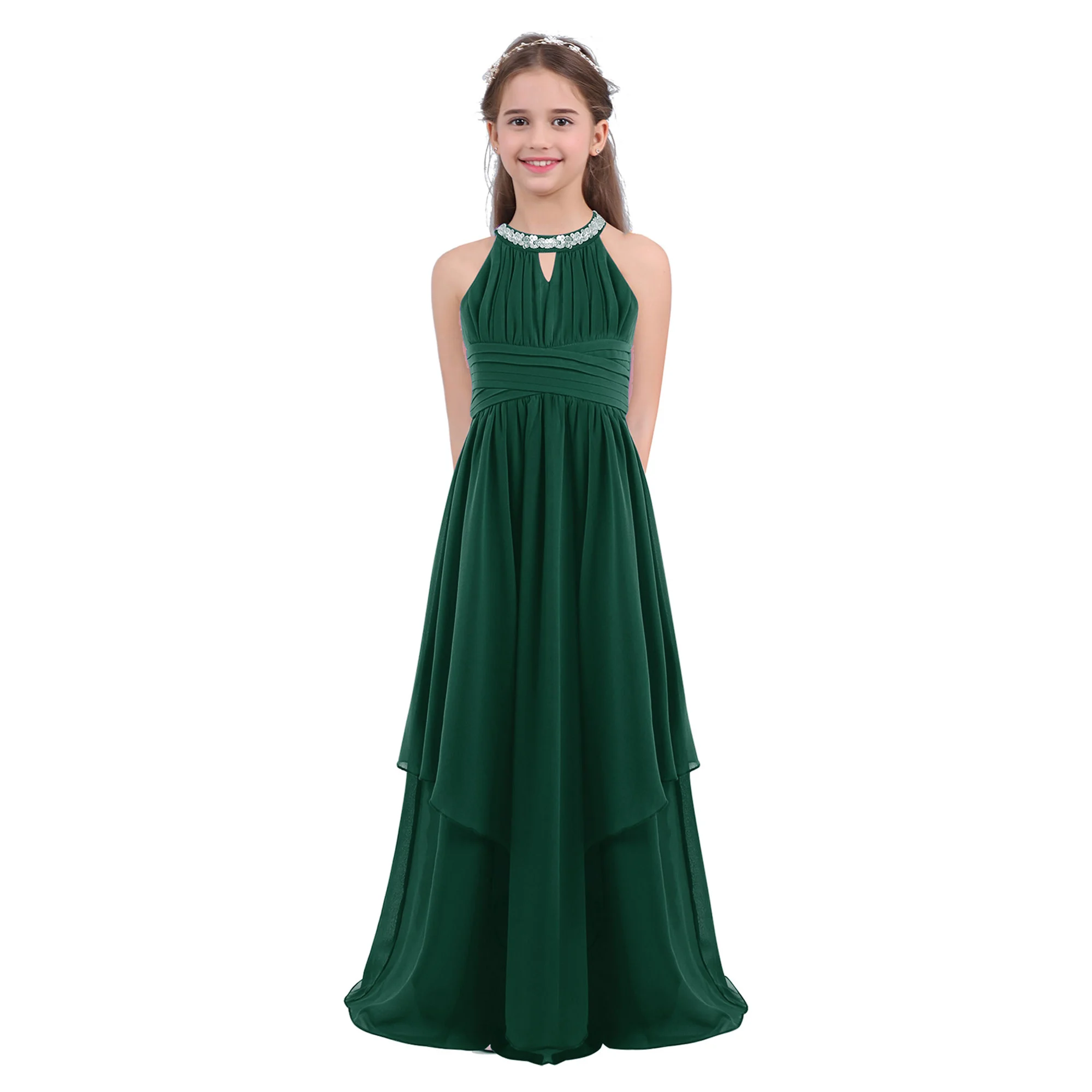 Sweet Girl Festive Tulle Summer Dress Flower Kid Bridesmaids Wedding Pageant Clothing Sequined Halter Vestido Elegant Long Dress