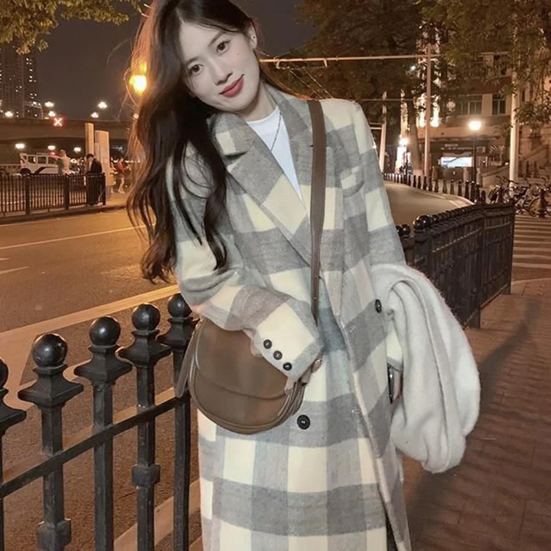 

Grey Plaid Double Breasted Patchwork Jacket Women's Loose Casual Preppy Style Jacket Autumn Winter Fashion Gentle Style Jacket