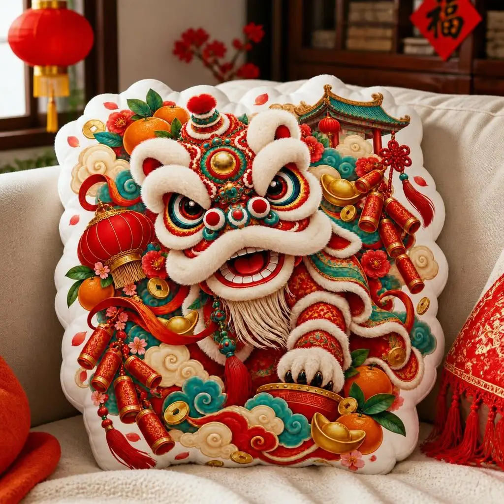 Chinese Lion Dance Plush Throw Pillow Lunar New Year Festival Cushion Irregular Stuffed Sofa Home Decor Gift for Living Room
