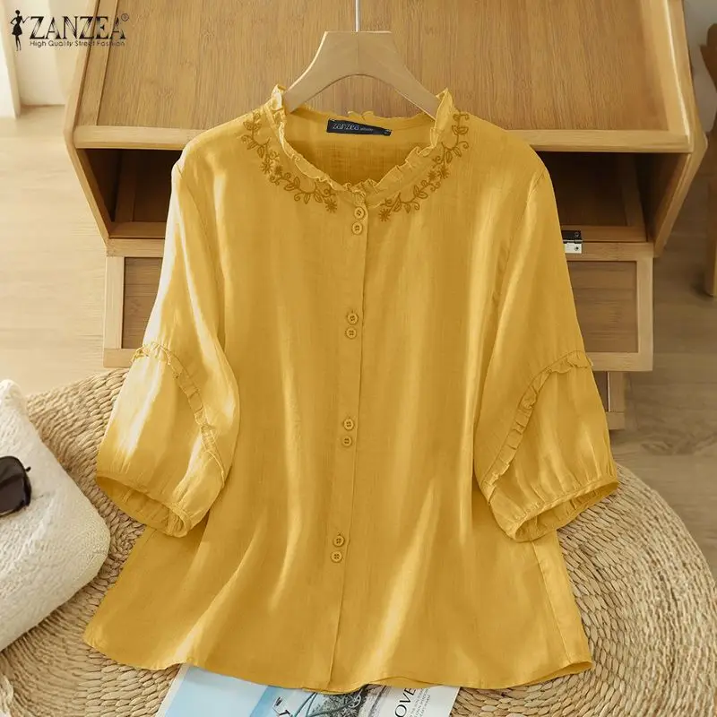 ZANZEA Camicie da donna in cotone e lino ricamato con volant e maniche a sbuffo a 3/4 Camicia con bottoni Primavera Estate Abbigliamento donna S-3XL