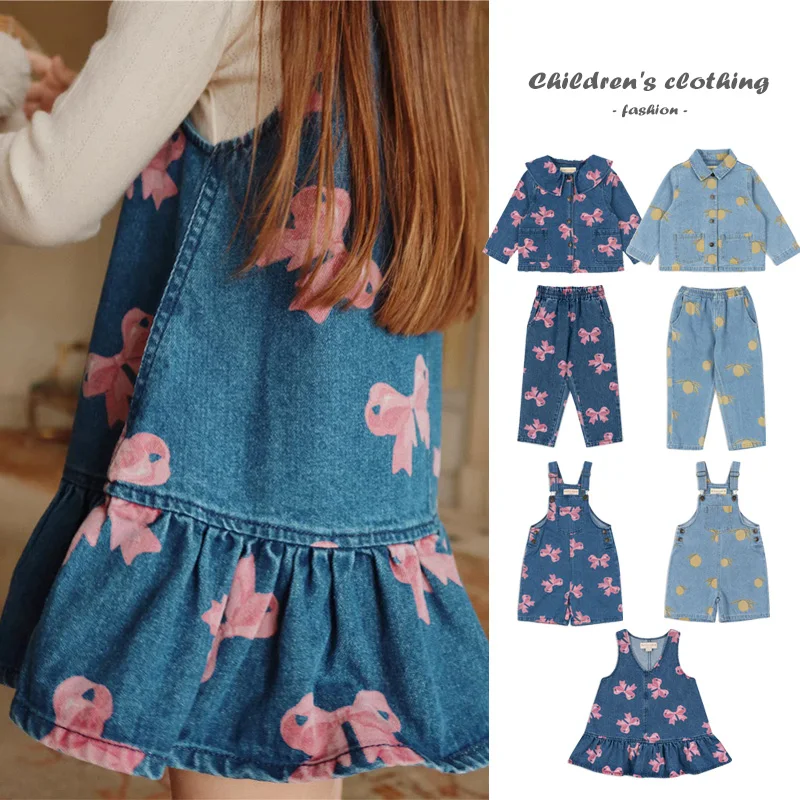 2025 New Denim Children's Set KS Cute Bow Print Baby Girl Denim Dress Fashion Boy Denim Jacket  Boutique Children's Clothing