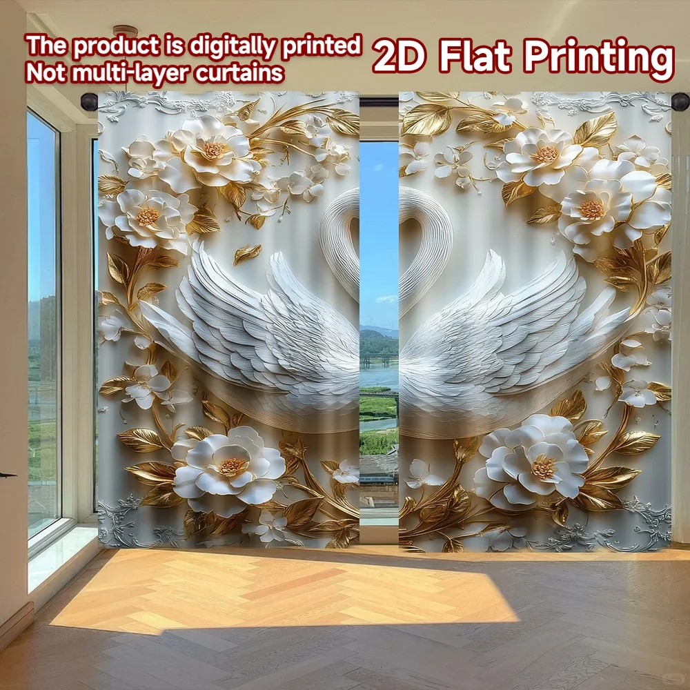 

2D flat printing 2pcs Window Curtains Romantic Swans and Blossoms Digital Printed Polyester Drapes Birthday Party Use for Booths