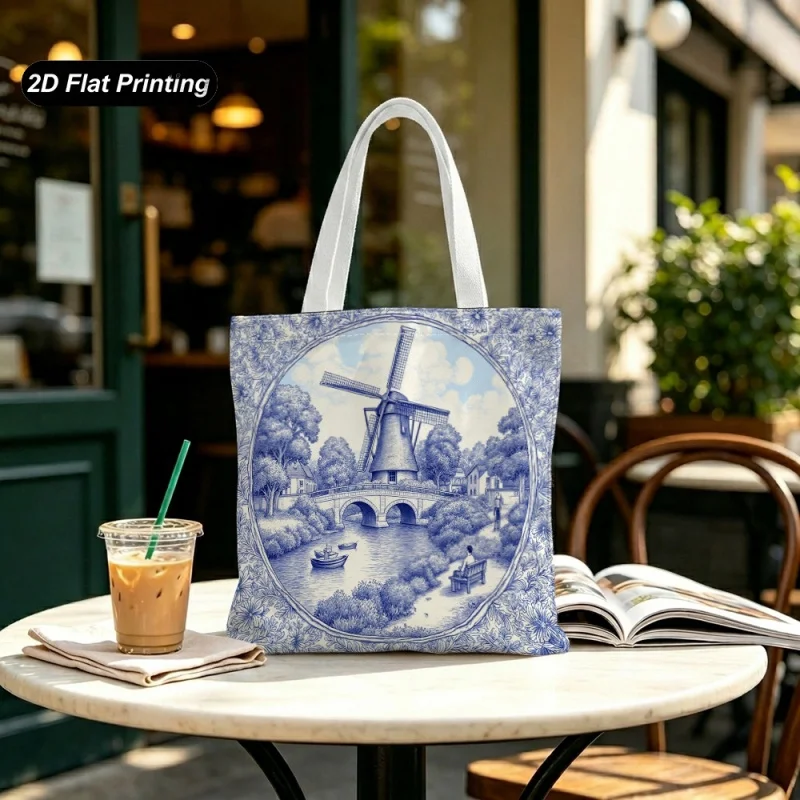 Tote Bag Nordic-style Blue and White Windmill Town Pattern Tote Bag Large Capacity Suitable for Shopping Daily Commute Travel