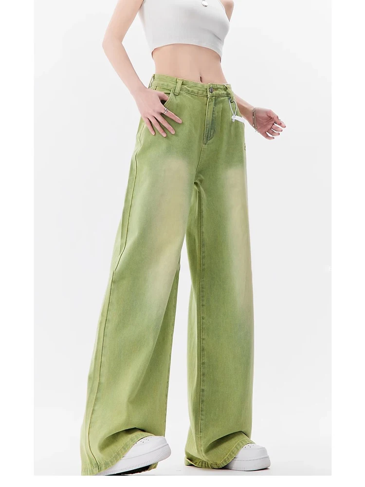 Light Green Harajuku Vintage High Waist Loose Jeans Pants Streetwear Style Women\'s Y2K Wide Leg Baggy Denim Trouser