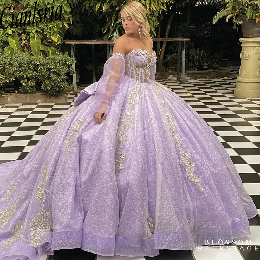 Lilla Glitter Crystal Bow Ball Gown Quinceanera abiti manica lunga perline Appliques pizzo dolce 15 compleanno