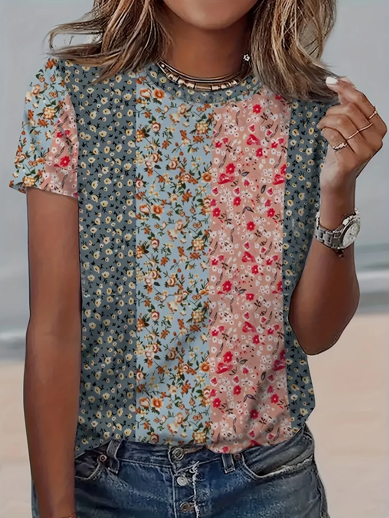 تي شيرت بوهو نسائي ، مقاس كبير ، مقاس كبير ، لون بلوك ، طباعة زهور أقحوان ، أكمام قصيرة ، رقبة مستديرة ، تمدد خفيف