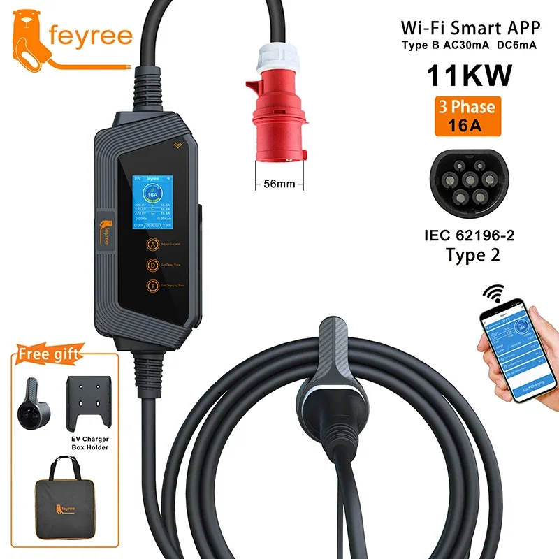 feyree Type2 11KW 16A 3Phase Portable EV Charger Car Charger Wi-Fi APP Control EVSE Charging Box CEE Plug for Electric Vehicle