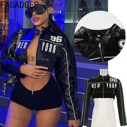 FAGADOER Y2k Leather Jacket Women Black Letter Print Moto Punk Coat Zipper Cropped Jackets Hot Girl Streetwear Clothing New