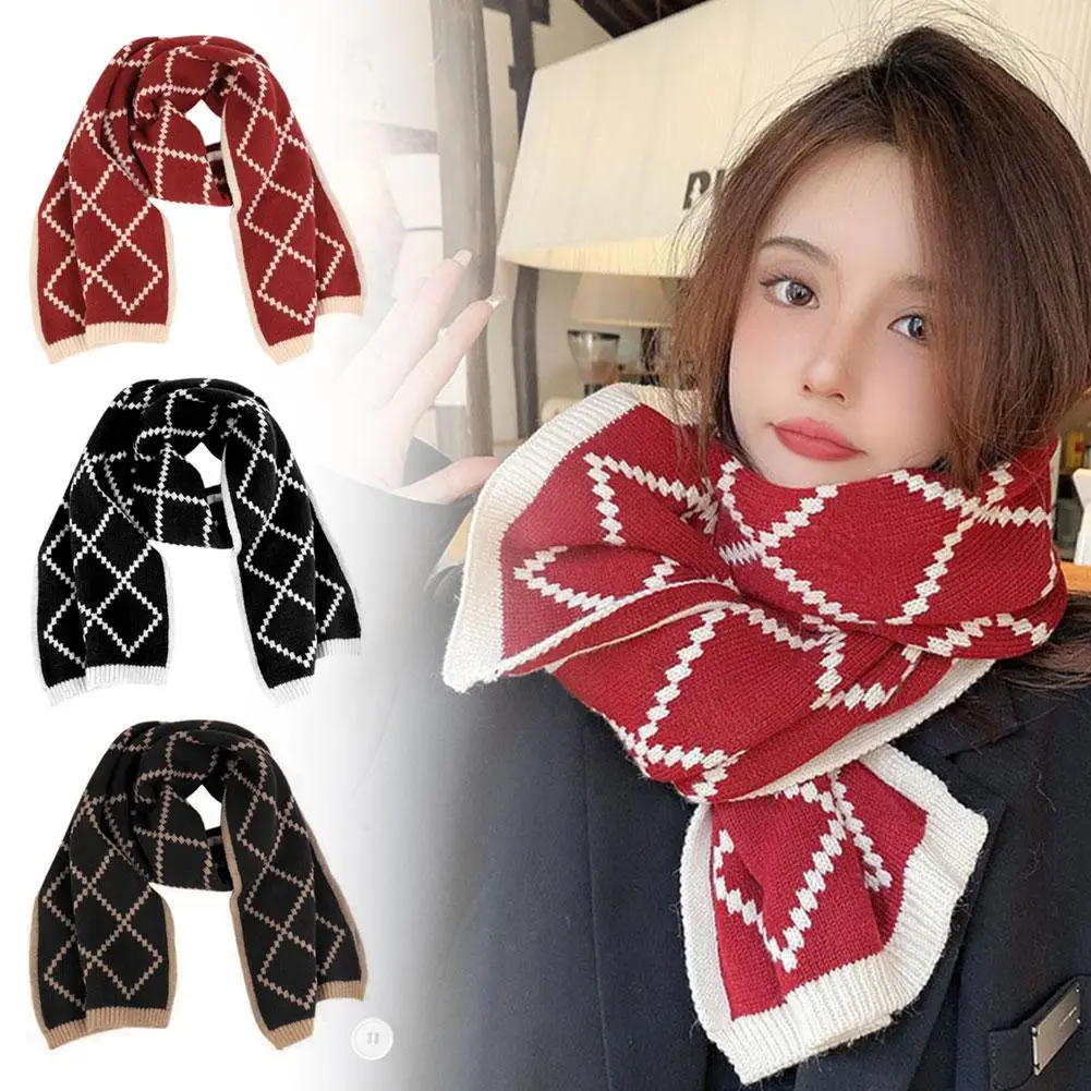 New Year Christmas Plaid Knit Scarf Female Winter Warm Neck Protection Soft Long Wrap Shawl Comfortable For Outdoor Cycling I2E0