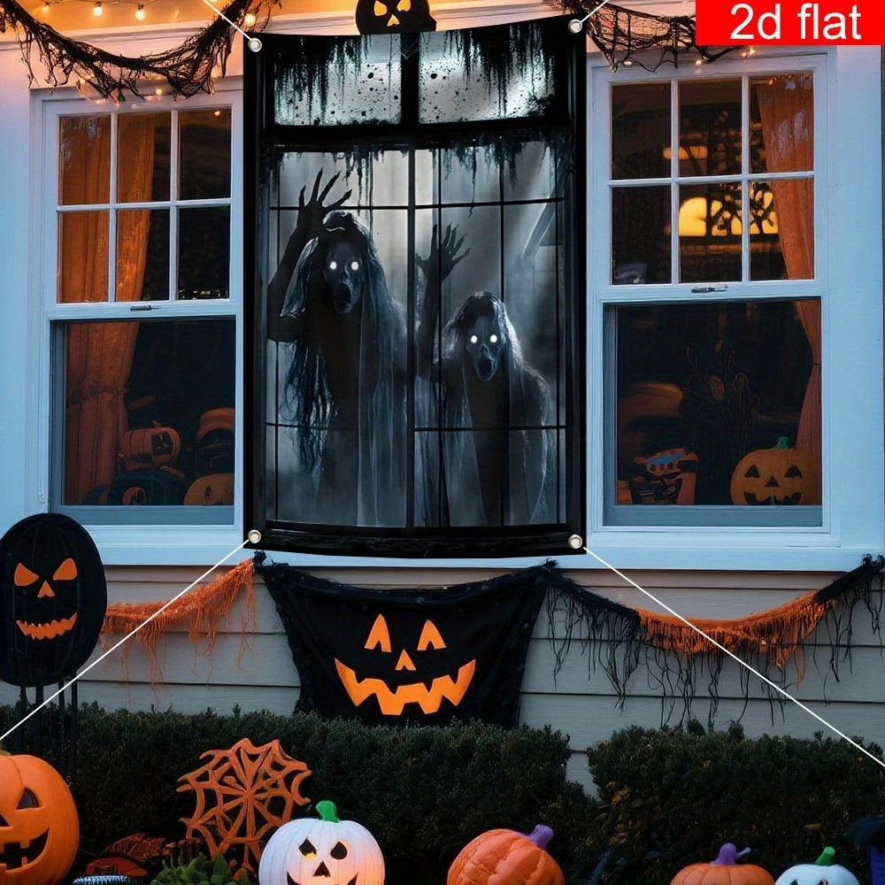 Halloween-Horror-Fensterbanner mit Rot Leuchtenden Augen, Monster, das aus dem Geisterhaus spählt, Fensterhängedekoration für Partys, Innendekoration, Requisit – Detail 4