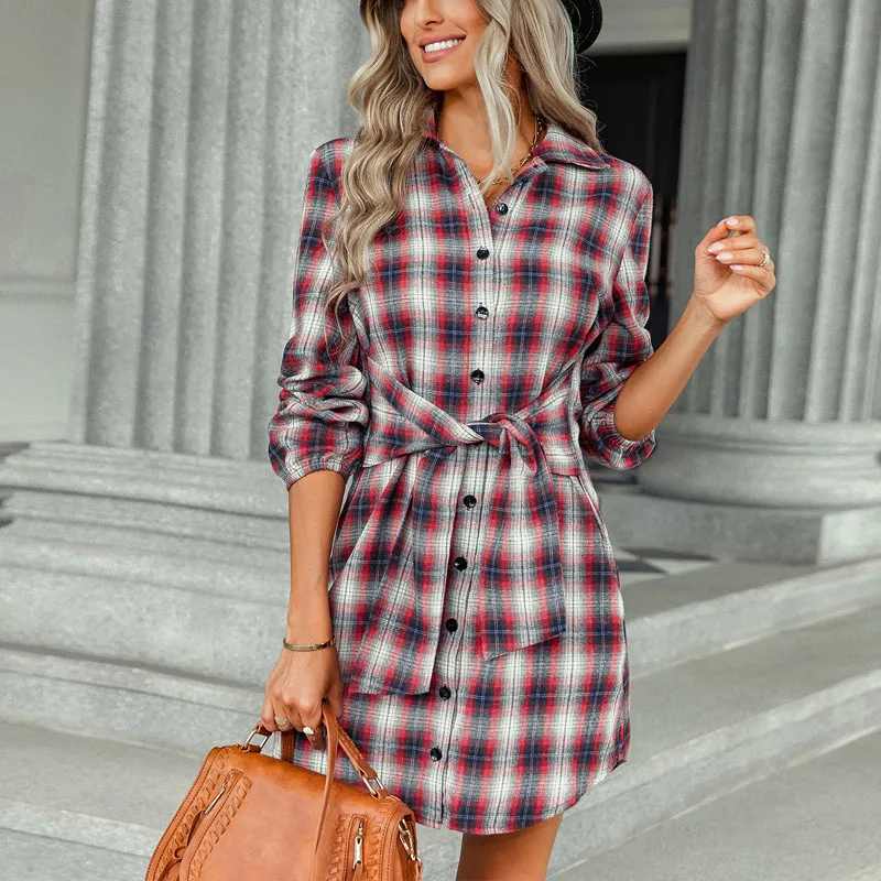 

2023 New Autumn and Winter Fashion Western Plaid Lace Up Comfortable Waist Long Sleeve Temperament Commuter Women's Dress