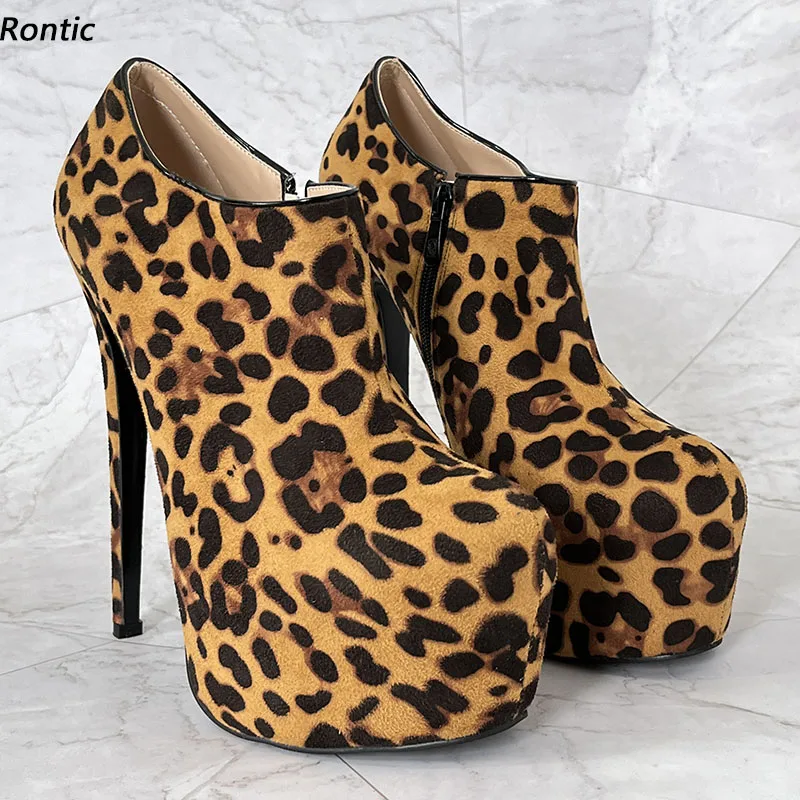 

Rontic Handmade Women Spring Pumps Platform Sexy Leopard Stiletto Heels Round Toe Brown Party Shoes US Plus Size 5-20