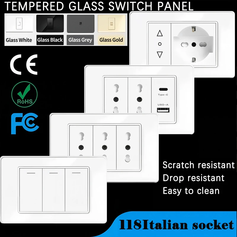 Italian Chile Plug 118 Type Wall Switch Socket White Tempered Glass USB Type-C 20W Fast Charging plug Home Office TV Interface