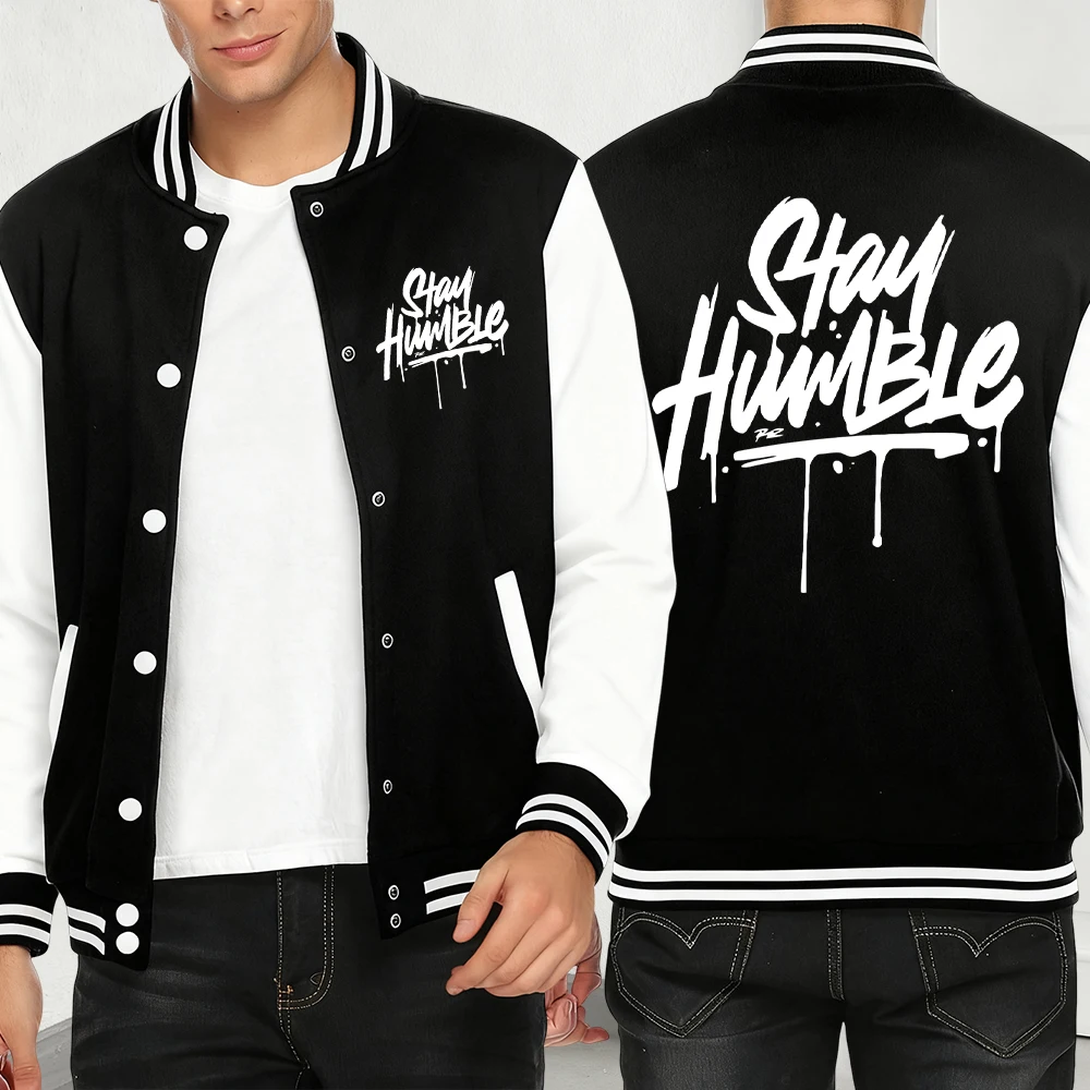 

Stay Humble Eye-Catching Print Jackets Men Japanese Streetwear Fashion Loose Baseball Jersey Pocket American Unisex Jacket