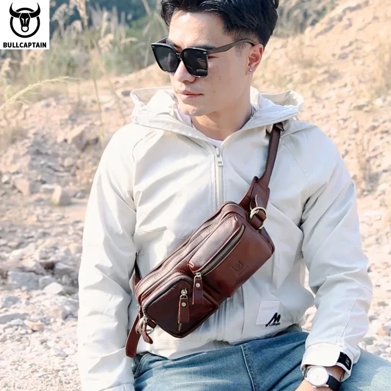 BULLCAPTAIN-Sac de poitrine en cuir véritable pour homme, sac de taille multifonctionnel, grande capacité, initié aux sports de plein air