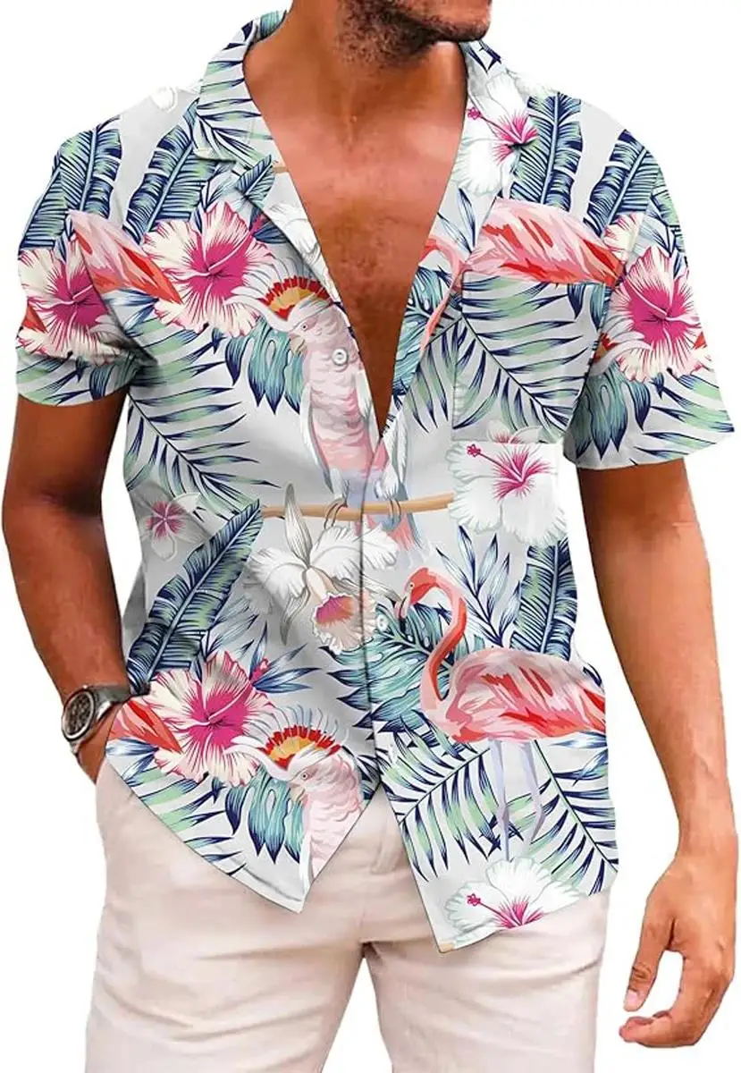 Men's Simple Casual Beachwear 3D Printed Shirt Street Casual Party Breathable Lapel Button Hawaiian Short-sleeved Shirt for Men