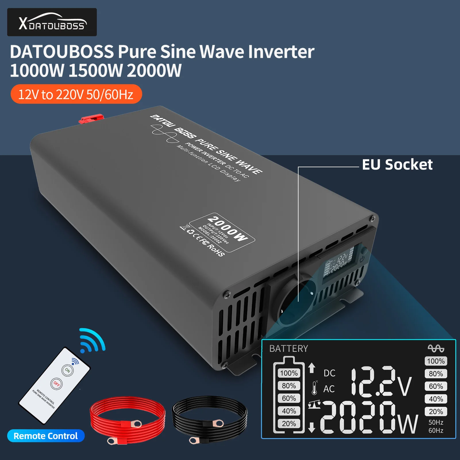 

DATOU BOSS Remote Control Pure Inverter 1000W 1500W from 220v to 12v Peak Power 2000W 3000W 50/60Hz LCD Display Fast Delivery