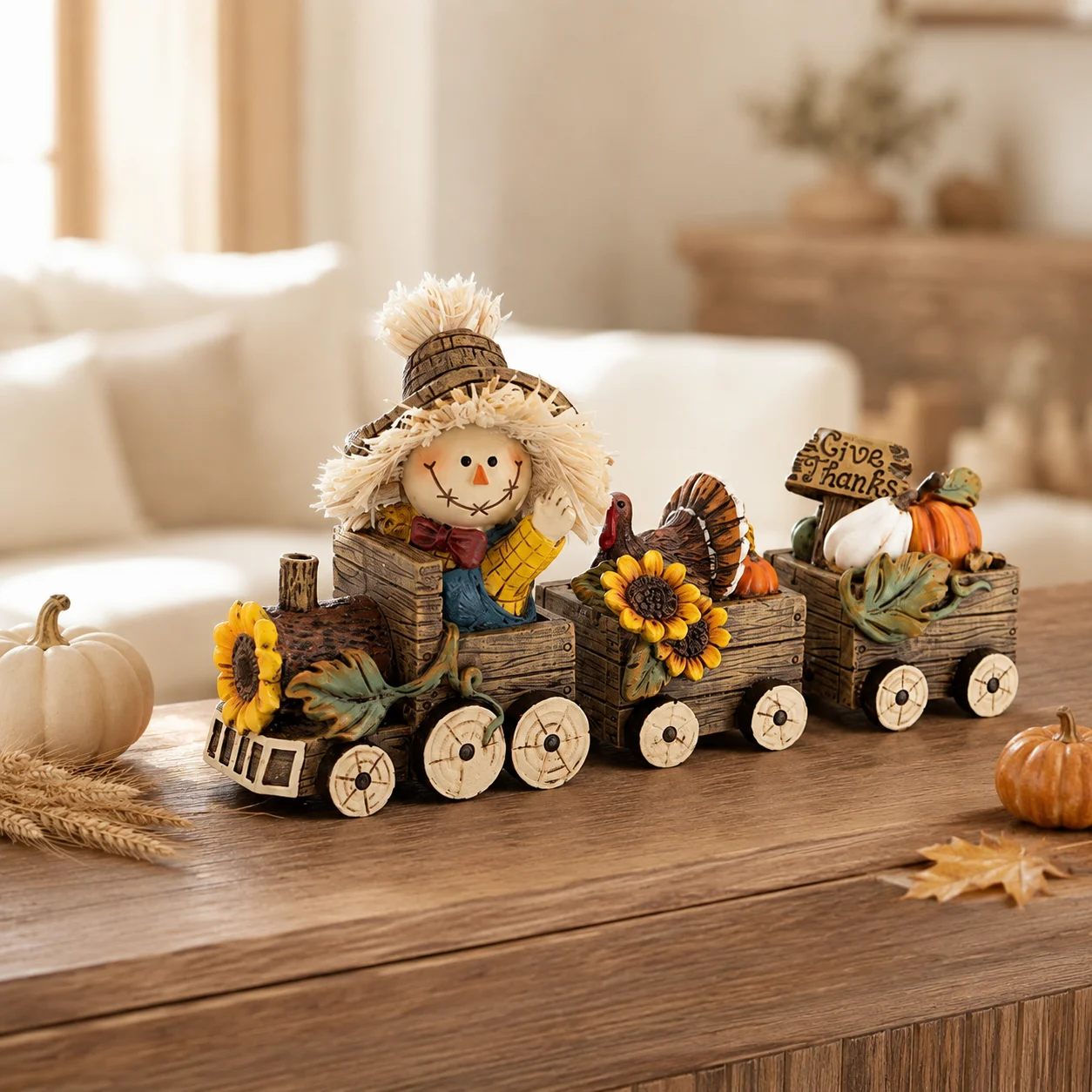 Hodao Scarecrow Resin Fall Harvest Train Figurine, Locomotive with Turkey Pumpkin Sunflower Wagons, Thanksgiving Tabletop Decoration, Rustic Autumn Farmhouse Shelf Sitter Ornament for Mantel, Home, Patio and Seasonal Holiday Display