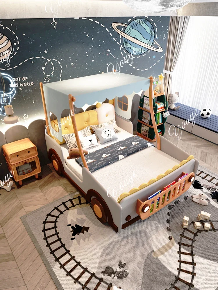 

N49 Children's car bed Boys and girls with guardrail Solid wood treehouse tent bed Bedroom single bed leather