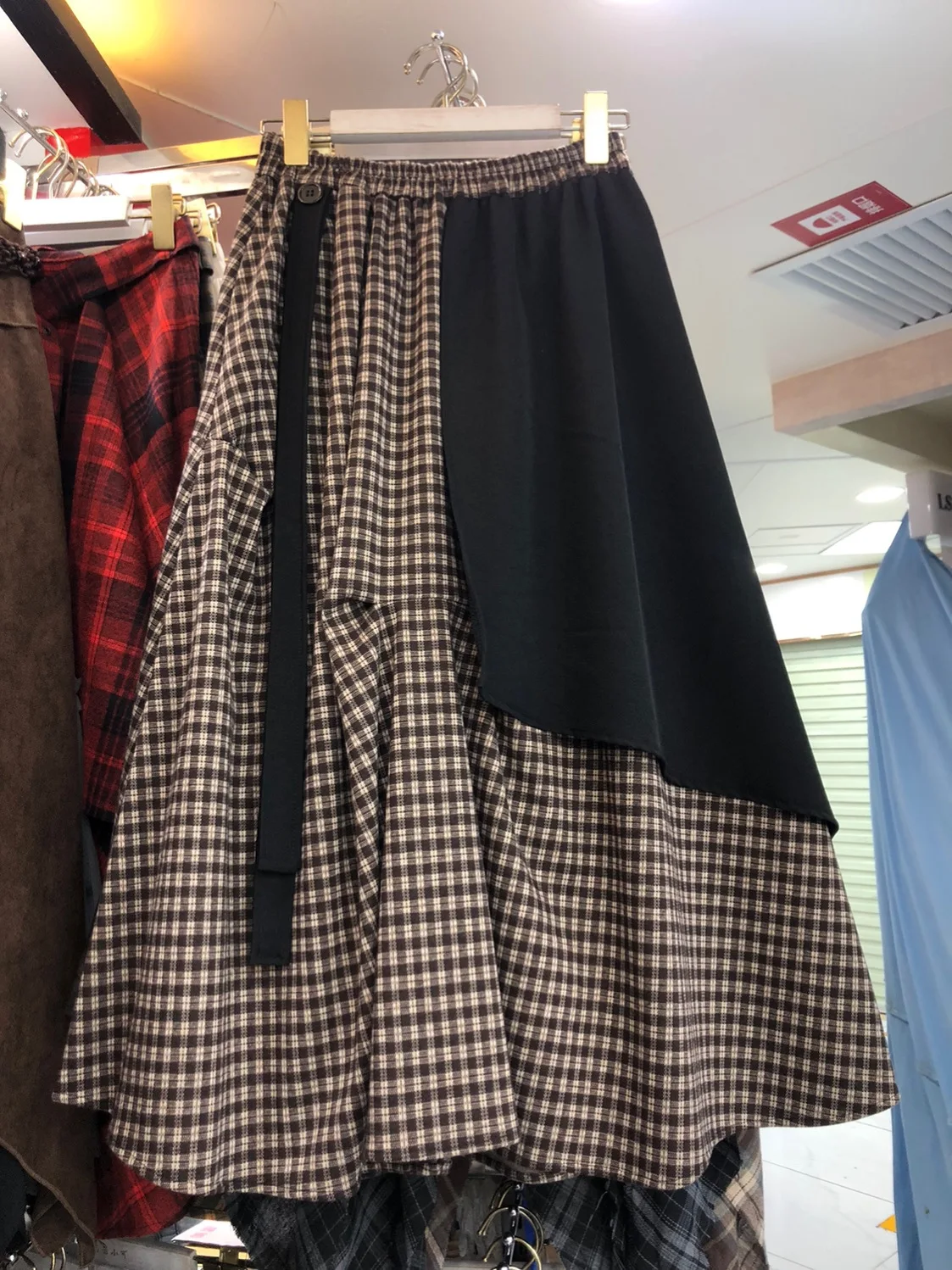 

Casual Plaid Midi Skirt Women's Autumn High Waist Asymmetrical Design A-Line f-length Skirt Color Blo id Pattern