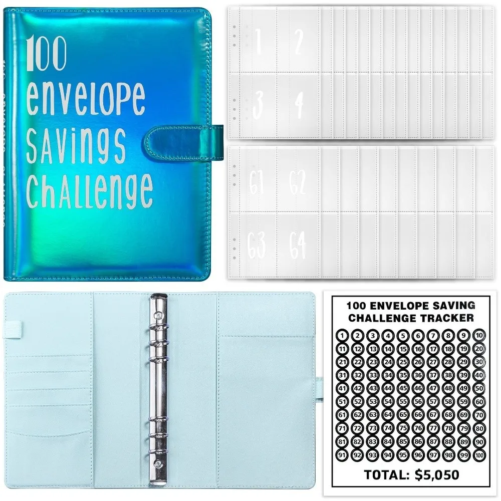 Pasta de couro pu para economizar dinheiro, cores deslumbrantes, folhas soltas, desafio, orçamento, organizador de dinheiro, planejador de orçamento