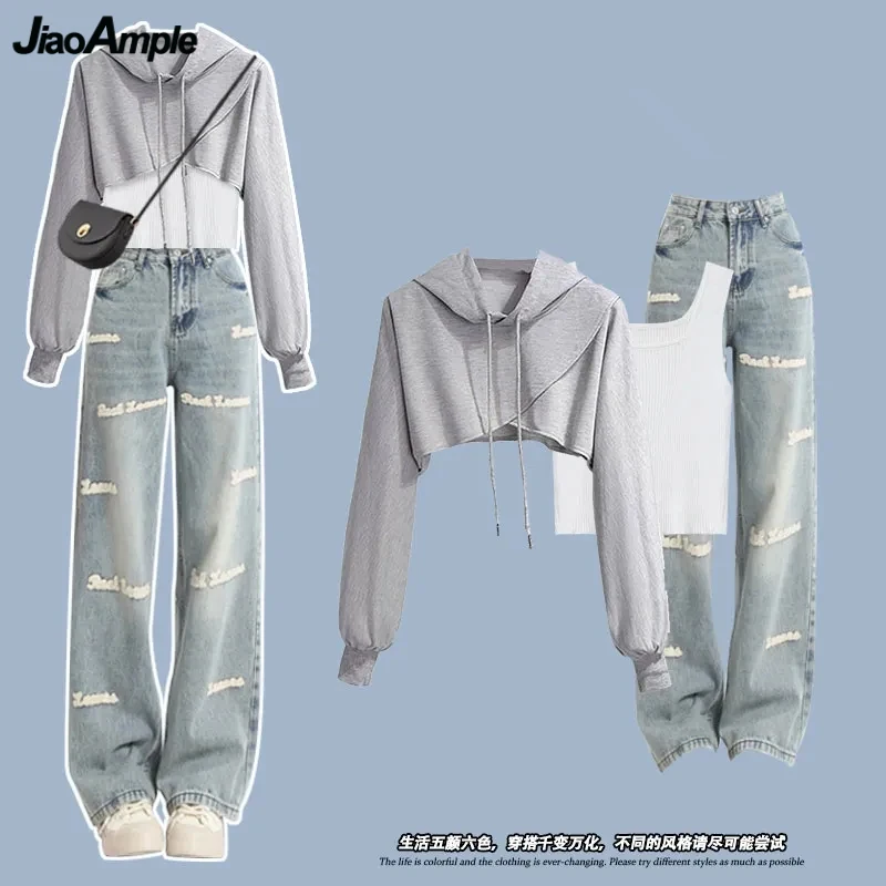 

2023 New Women Matching Sets Korean Lady Casual Hooded Crop Tops Vest Denim Pants Suits Fashion Sweatshirts Jeans Outfits Female