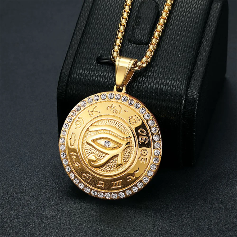 مصر القديمة عين حورس قلادة الذهب الذكور اللون الفولاذ المقاوم للصدأ الزركون قلادة مستديرة للرجال المجوهرات المصرية هدية 2025