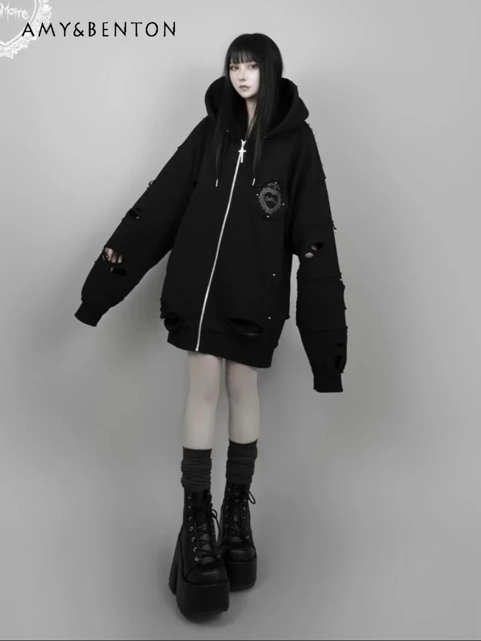 Goth Punk Style Oversized Hoodie Sweet Cool Y2K Sweatshirt Japanese Mine Cross Embroidery Retro Subculture Ripped Hoodies Women