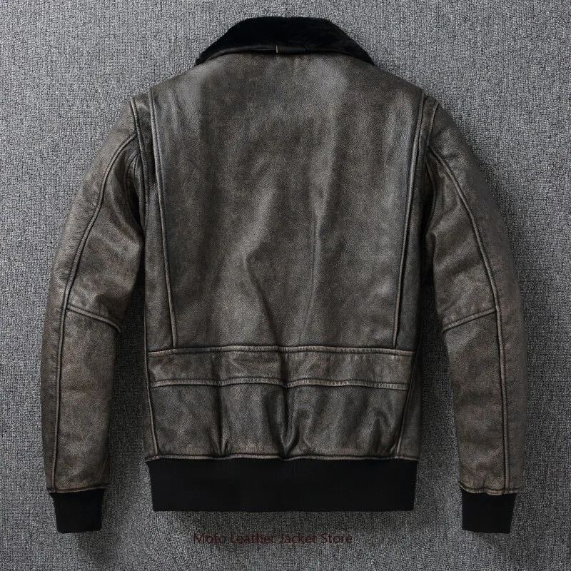 Amekaji Top Grain Cowhide Leather Jacket Men G1 Flight Bomber Quilted Lapel Plus Size Genuine Leather Outerwear