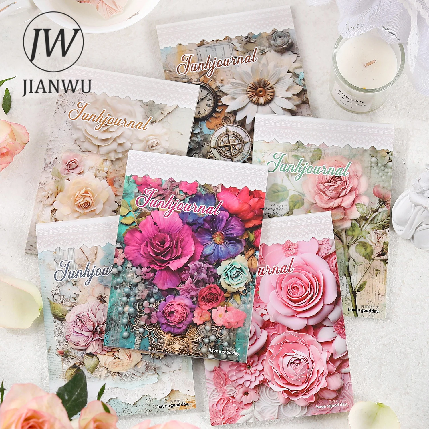 JIANWU 30 Sheets Dream Building Flower Series Vintage Lace Decor Material Paper Creative DIY Junk Journal Collage Stationery