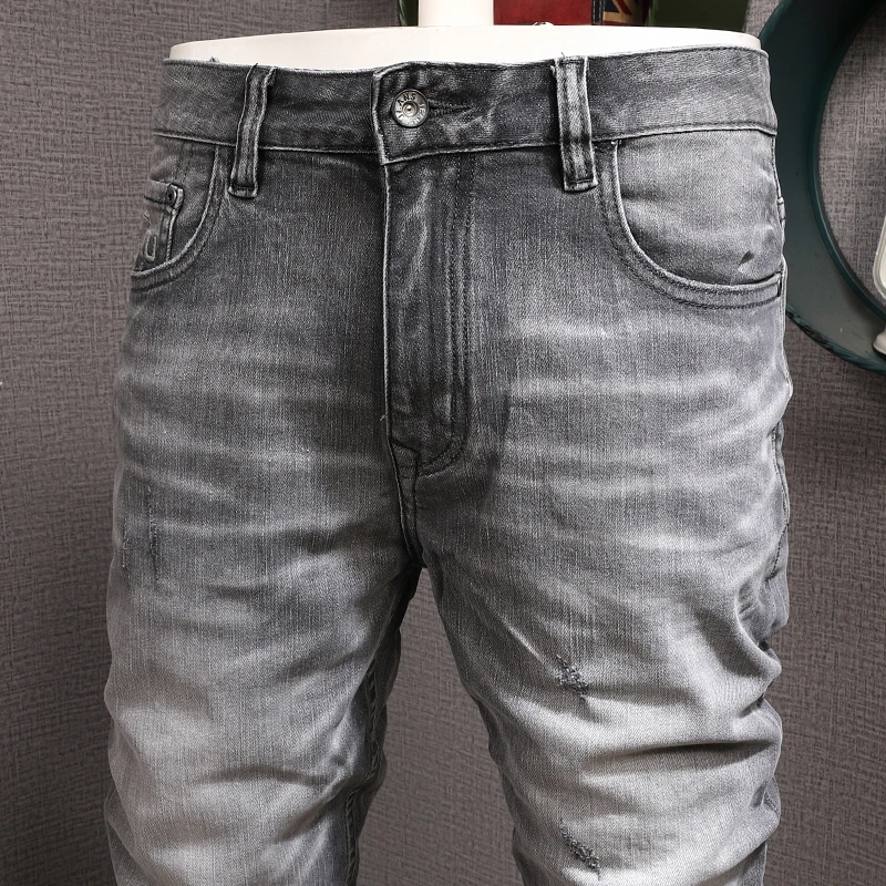 European Vintage Fashion Men Jeans High Quality Retro Gray Elastic Slim Fit Ripped Jeans Men Casual Designer Denim Pants Hombre