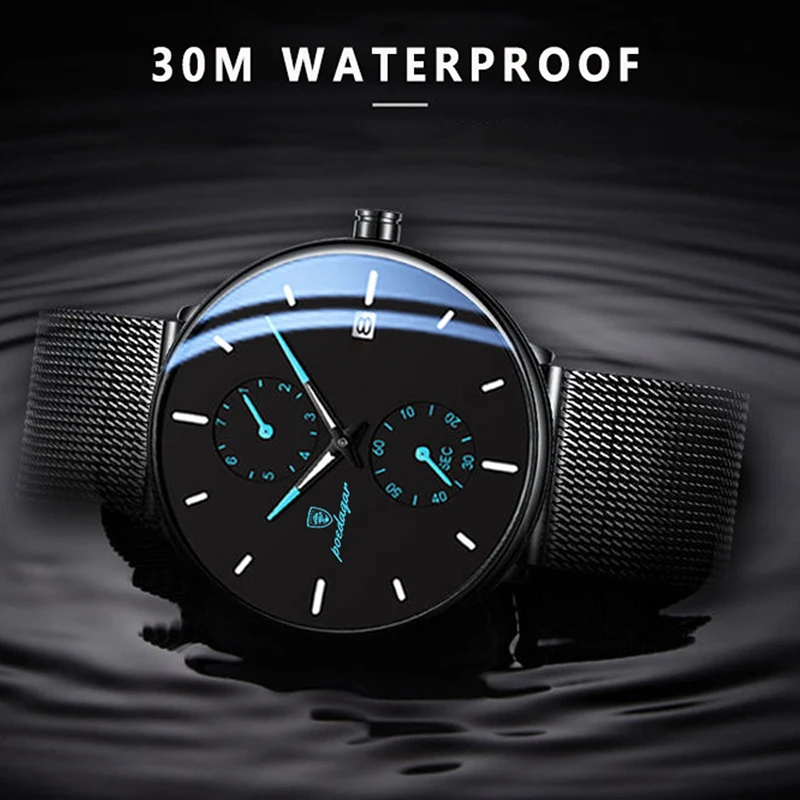 POEDAGAR Fashion Brand Mens Watch Luxury Ultra Thin Waterproof Luminous Quartz Man Wristwatches Business Calendar Gift Clock New