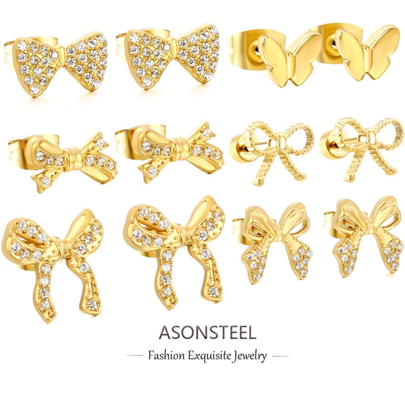 ASONSTEEL Trendy Butterfly Bow Shaped Zircon Stud Earrings Stainless Steel Piercing Gold Color Stylish For Women Jewelry Bijoux
