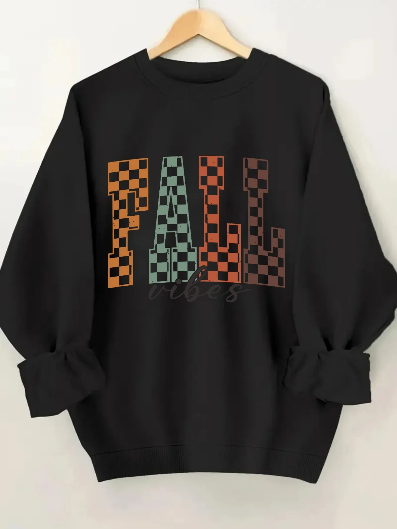 Women's Crew Neck Pullover Sweatshirt Fall Vibes Checkerboard Design, Soft Casual Long Sleeve, Daily Casual Top Outfit, Winter Women's Clothing, Thanksgiving Outfit