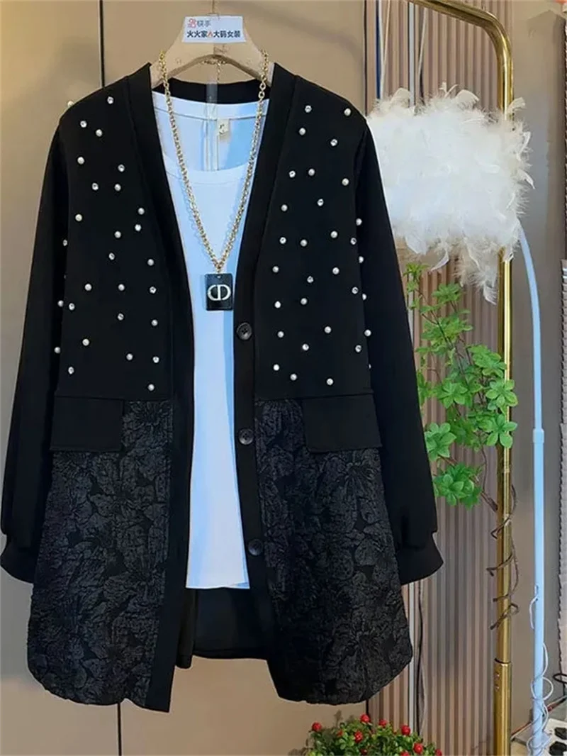 Female Fashionable Korean Heavy Industry Nail Bead Loose Slim Age Reducing Jacket 2026 Spring Women New Jacket And Top Trend