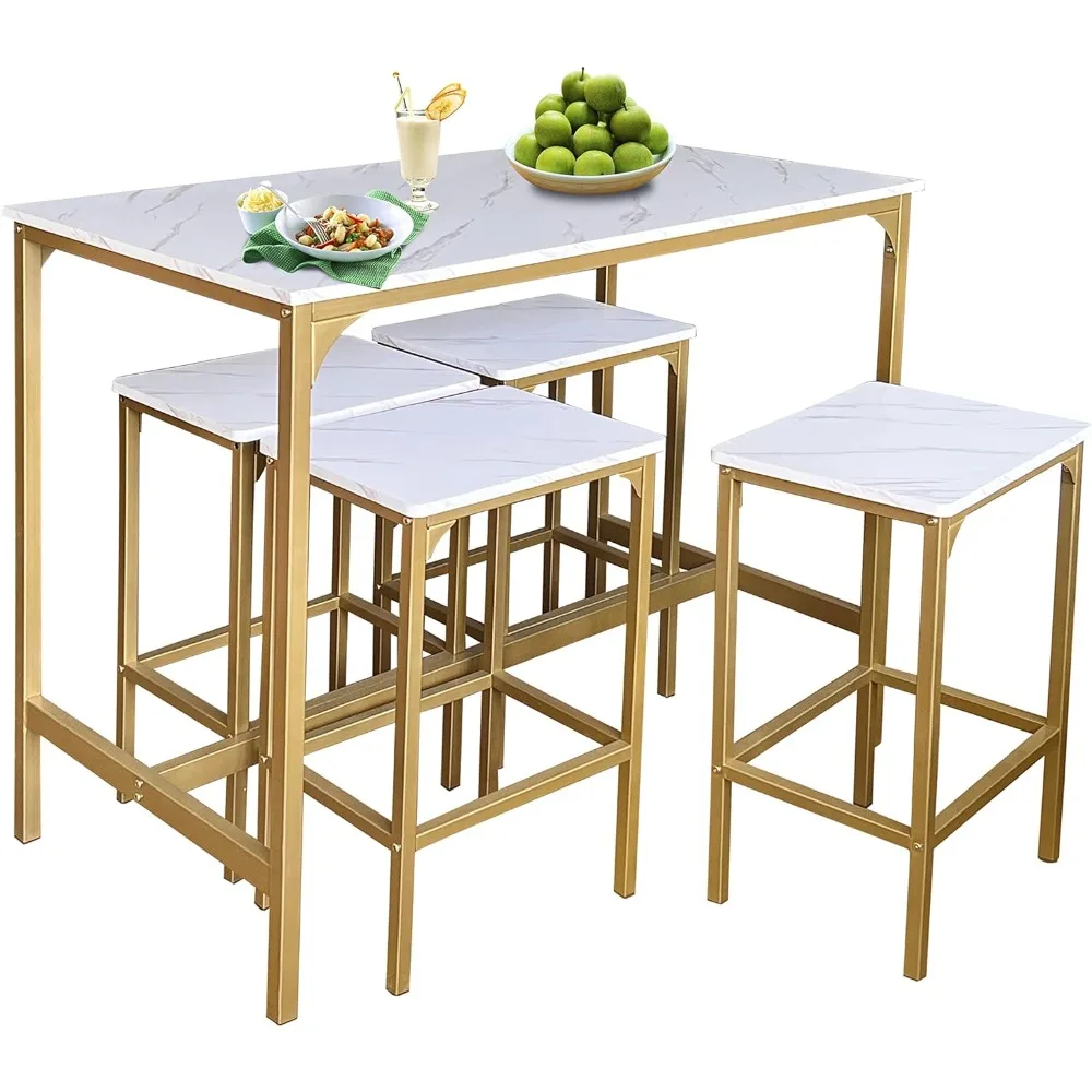 Set Meja Bar AT-VALY 5-Piece dengan 4 Kursi, Furnitur Ruang Makan, Desain Ringkas dalam Warna Emas dan Putih