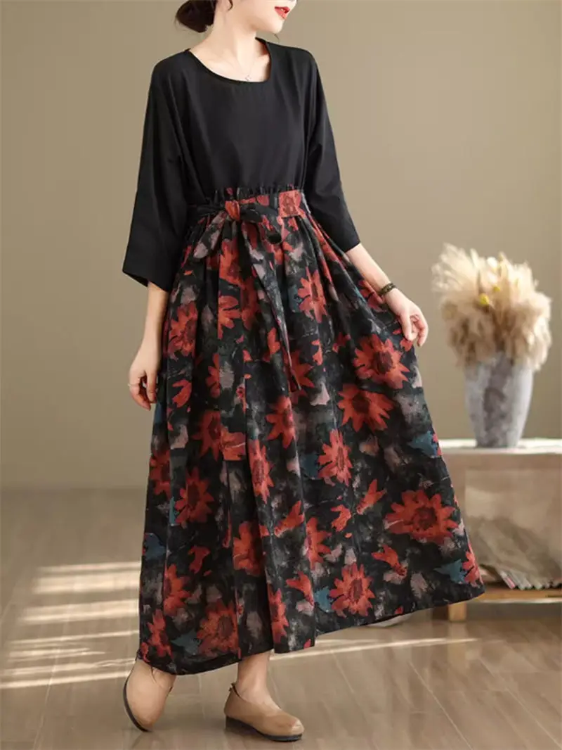 

Contrast Color Retro Print Fake Two Piece Fashion Dress 2024 Summer Round Neck Loose 3/4 Sleeves Long Dress For Women K294