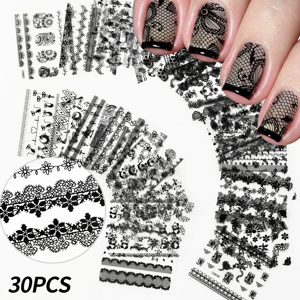 30pc Black Lace Flower Stripes Nail Stickers3D Sexy Hollow Black Lace Design Manicure Decals Self Adhesive Lace Slider For women