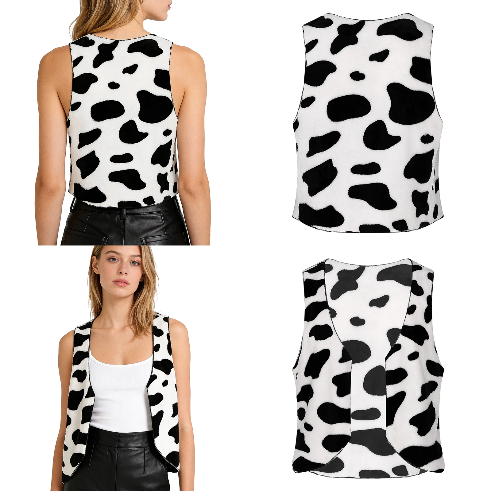 Women Men Open Front Flannel Cow Print Western Cowgirl Cowboy Vest Waistcoat Halloween Masquerade Theme Party Carnival Costume