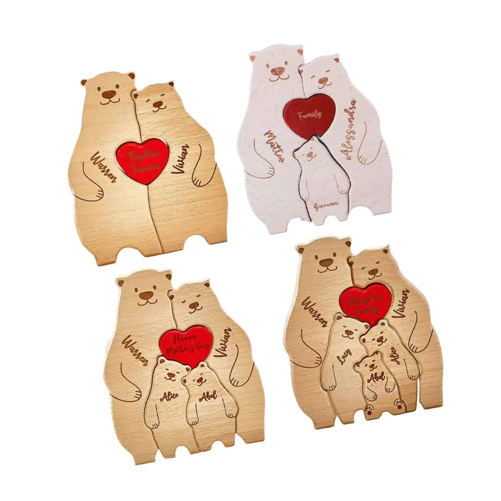 Quebra-cabeça de arte de madeira em forma de urso, decoração de madeira, decoração de mesa, escultura de presente de quebra-cabeça de madeira, família de ursos para casa, aquecimento