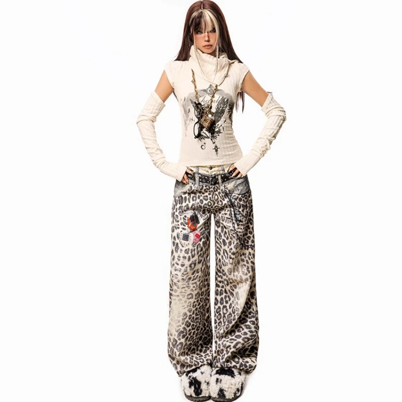 European American Leopard Print Women's Jeans 2025 Autumn New Vintage Design Gradient Hot Girl Straight Wide-Leg Pants Ladies