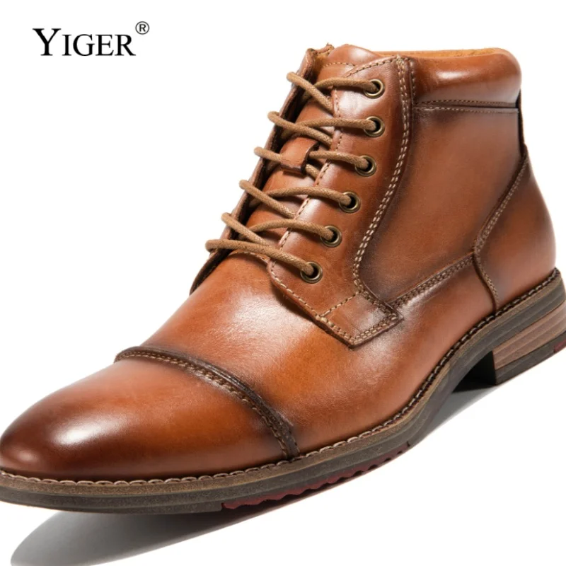 YIGER New Men Ankle Boots Genuine Leather Man Business Boots Male Lace-up Winter Casual shoes Big size High-top men\'s shoes 2024