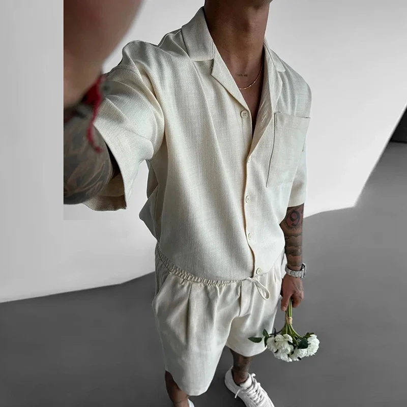 Hip Hop Casual Button Lapel Shirt Top & Shorts Men Outfit Spring Solid Color Two Piece Set Man Summer Short-sleeved T Shirt Suit