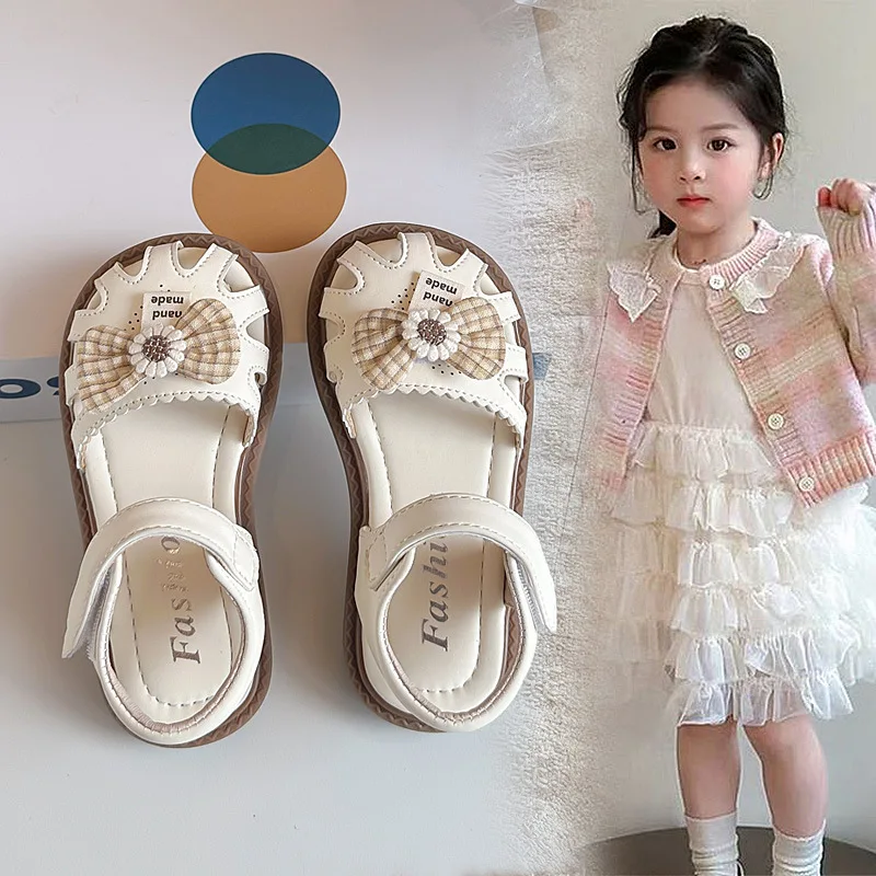 Girls Children Closed Toe Sandals Summer Flower Plaid Bow Solid Color Hollow Sandals