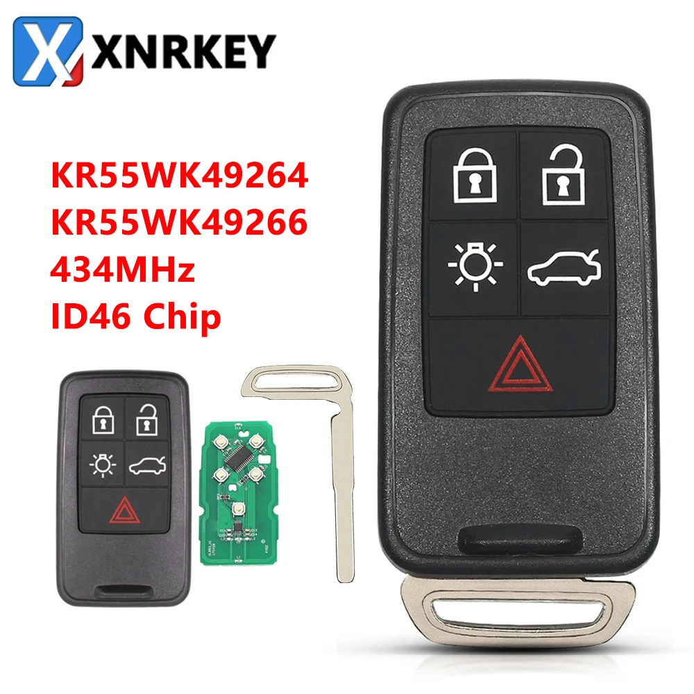 

XNRKEY Remote Smart Car Key 5 Button Fob 434MHz ID46 Chip For Volvo XC60 S60 S60L V40 V60 S80 XC70 KR55WK49264 KR55WK49266